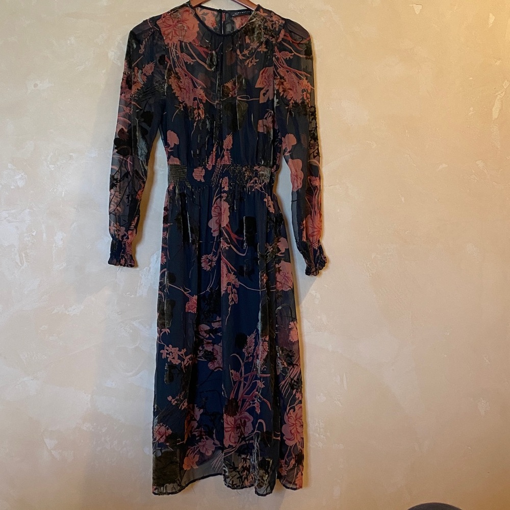 Zara Woman Black Pink & Orange Hues of Florals Long Sleeve Midi Maxi Dress Sz:S